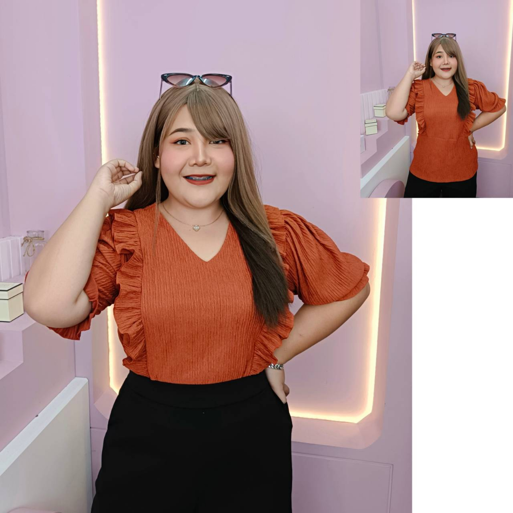 E05 เสื้อคอวี เเขนตุ๊กตาเเต่งระบายข้าง ผ้าอัดยับ