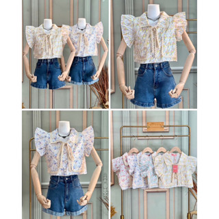 เสื้อครอปคอปกแขนล้ำแบบระบายเนื้อผ้าฉลุลาย