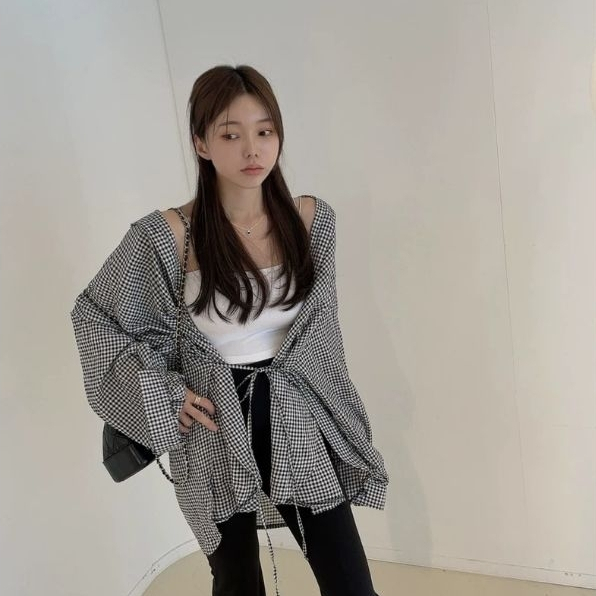 𝗝𝗘𝗦𝗦𝗜𝗘 𝗦𝗞𝗜𝗥𝗧 - เชิ้ต Oversize ลายสก็อต กระดุมหน้า มีเชือกด้านข้าง - รูปที่ 3