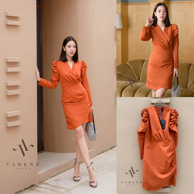 M1 Vabene Dress เดรสสั้นสีส้มแขนยาวไหล่จับจีบไซส์ S-L