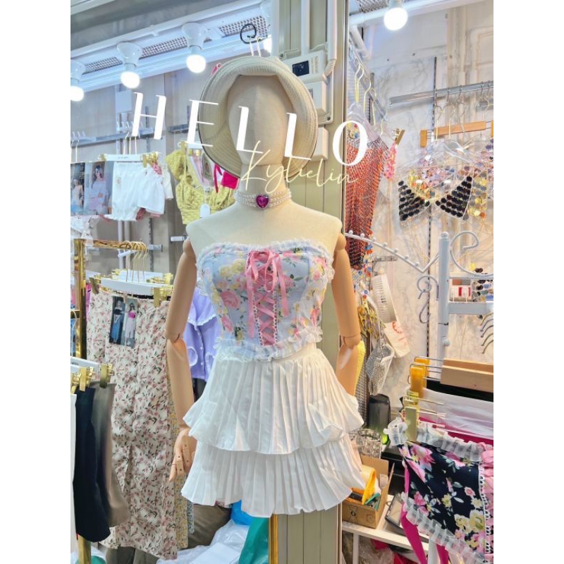 สินค้าพร้อมส่ง เสื้อเกาะอกพิมพ์ลายดอกไม้ ผูกเชือกด้านหน้า
