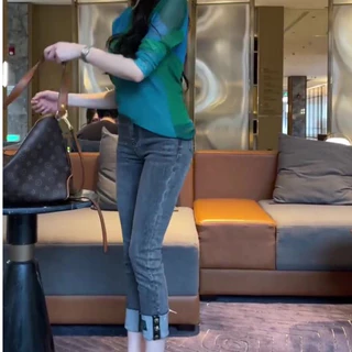 GHAOHES🌷 กางเกงยีนส์ยืด 🌷 S-5XL สาวอวบ 👖การออกแบบพับขากางเกง ลมเกาหลี