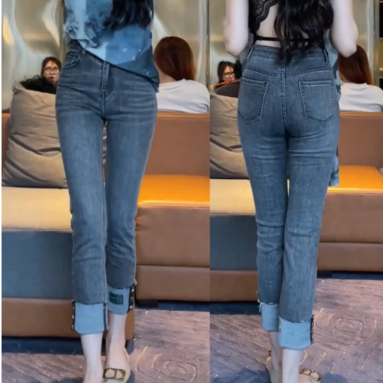 GHAOHES🌷 กางเกงยีนส์ยืด 🌷 S-5XL สาวอวบ 👖การออกแบบพับขากางเกง ลมเกาหลี