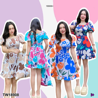 TwinsShopVip💗พร้อมส่ง TW18908 เดรสคอเหลี่ยมแขนตุ๊กตา + กระเป๋าผ้า ลายดอกไม้