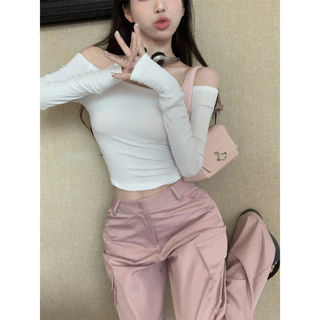 cherryshop🍀สีขาวเซ็กซี่เปิดไหล่เสื้อยืดแขนยาว สีดำรัดรูปแบบสั้น