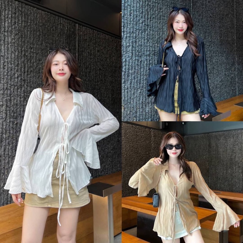พร้อมส่ง Lula Top เสื้อแขนยาวระบาย คอปก ผูกโบว์อก2ชั้น ผ้าดีลายคลื่น สวยมาก