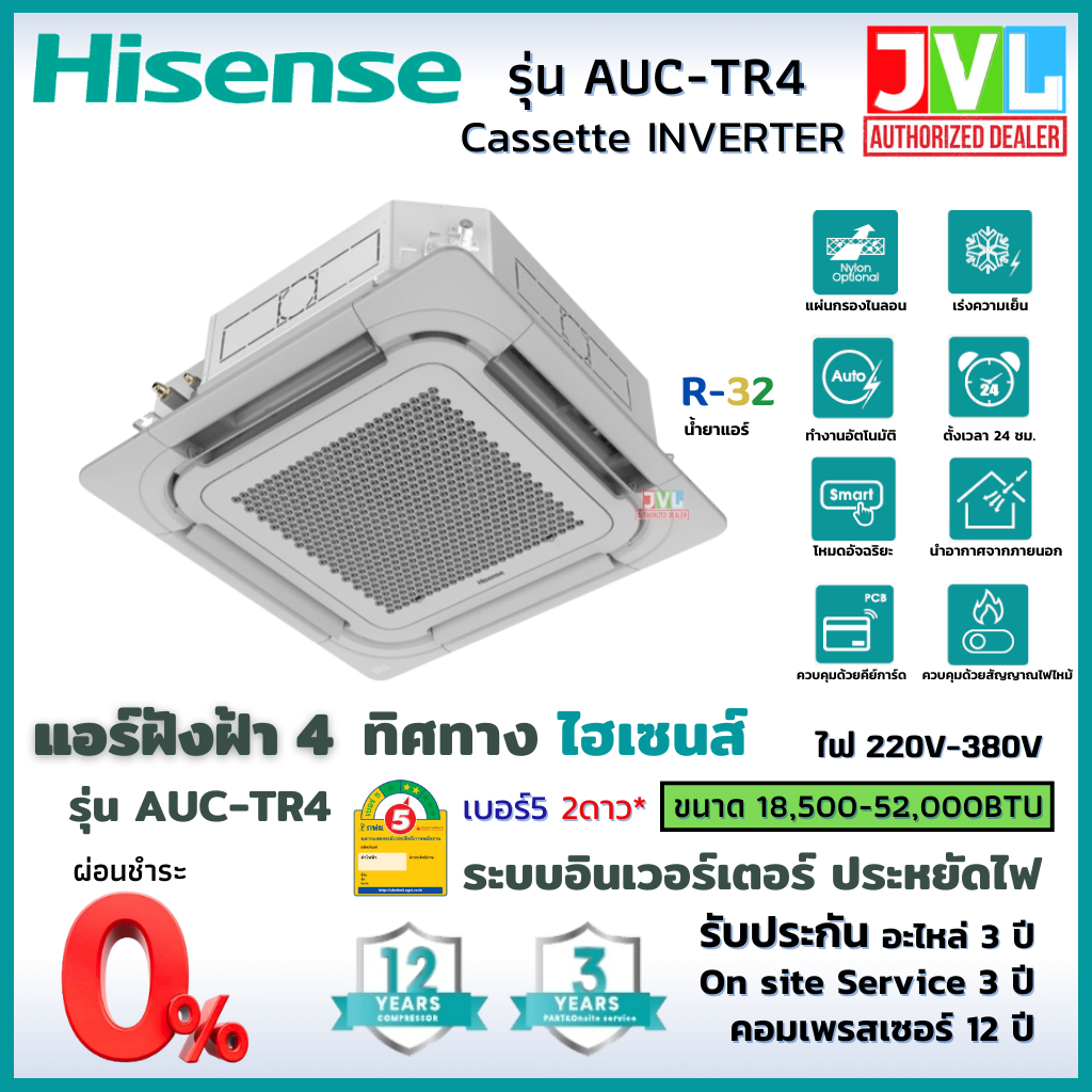 Cooling 23799 บาท Hisense ไฮเซ่นส แอร์ 4 ทิศทาง รุ่น AUC-TR4 INVERTER Cassette ฝังฝ้า ประหยัดไฟ #5 2ดาว รังผึ้งทองแดง R32 (เครื่องส่งฟรี*) Home Appliances
