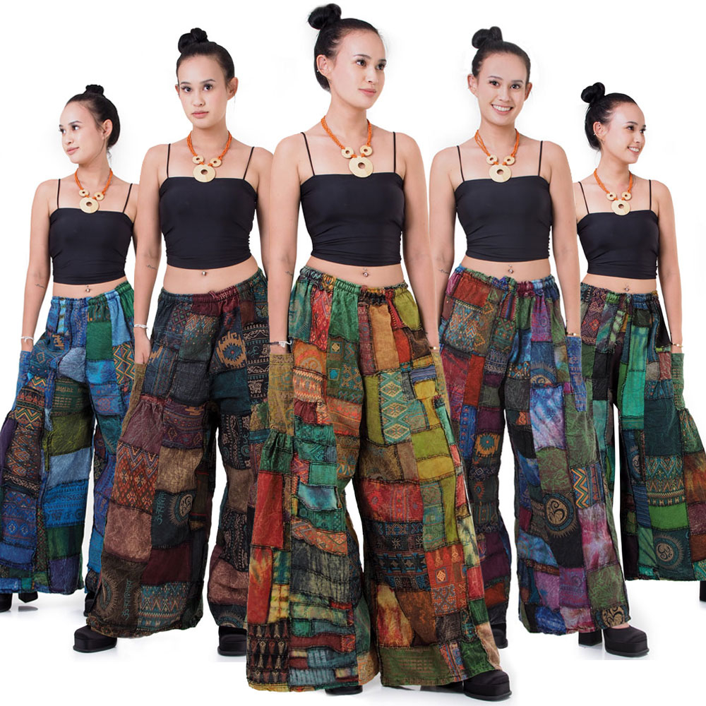 กางเกงขาบานผ้าต่อผ้าฝ้ายแท้สไตล์โบฮีเมียน