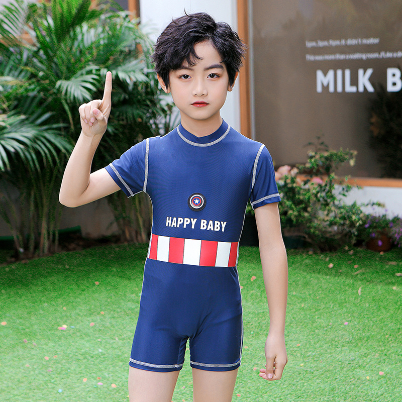 jqk. ชุดว่ายน้ำเด็กผู้ชาย มีซิปรูดด้านหลัง พร้อมหมวก (สีกรม) รุ่น 0748