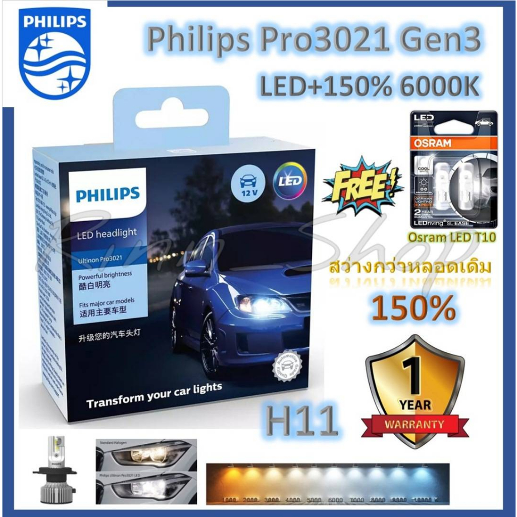Philips หลอดไฟหน้ารถยนต์ Ultinon Pro3021 LED+150% 6000K H11 (12/24V) ประกัน 1 ปี แถม Osram LED T10