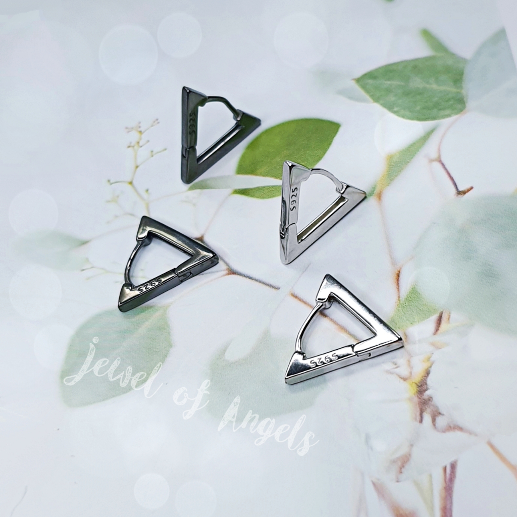 ต่างหูห่วงเงินแท้ S925 รุ่น Triangle ห่วงสามเหลี่ยมหนา สีเงิน สีดำ มินิมอล เงินแท้ทั้งชิ้น Silver925
