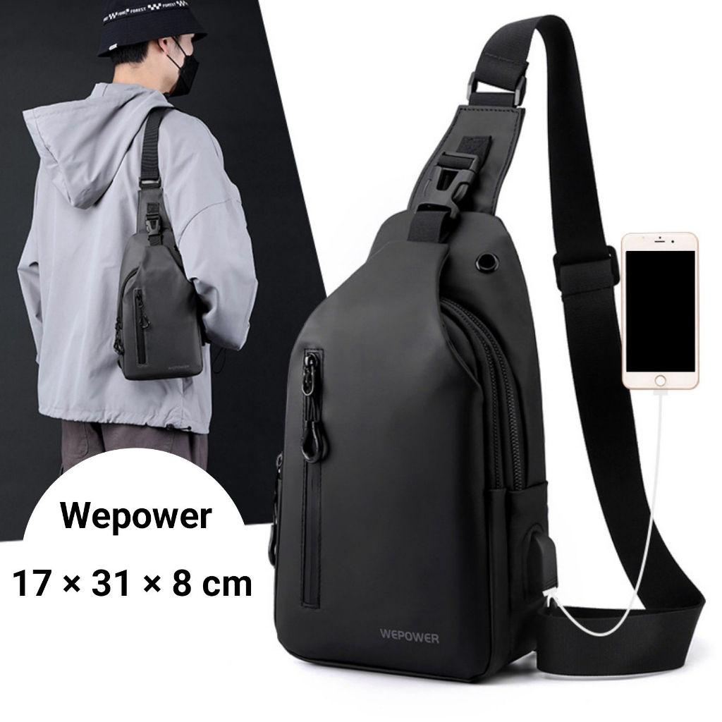 กระเป๋าคาดอก wepower ของแท้ กันน้ำ ใส่ร่มพับ ใส่ขวดน้ำได้ หนังสังเคราห์ หลายช่อง