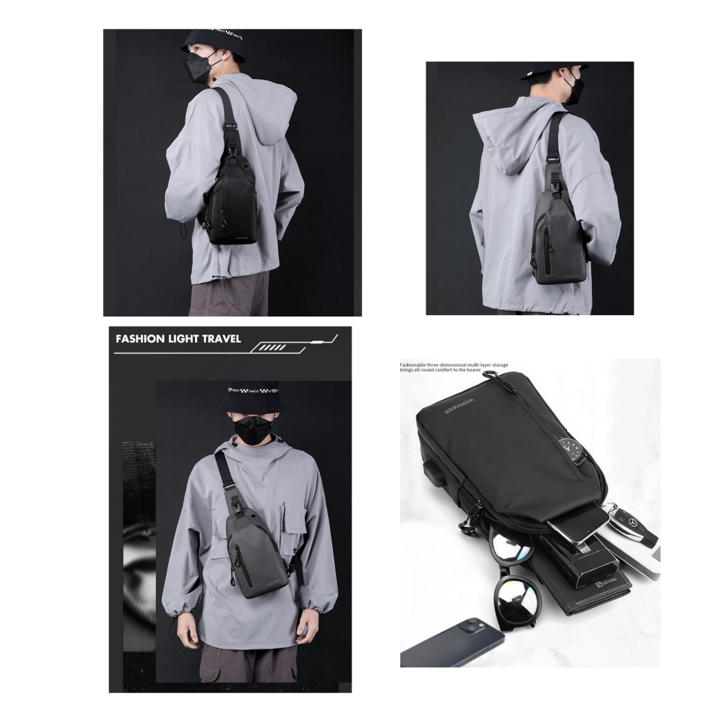 กระเป๋าคาดอก wepower ของแท้ กันน้ำ ใส่ร่มพับ ใส่ขวดน้ำได้ หนังสังเคราห์ หลายช่อง