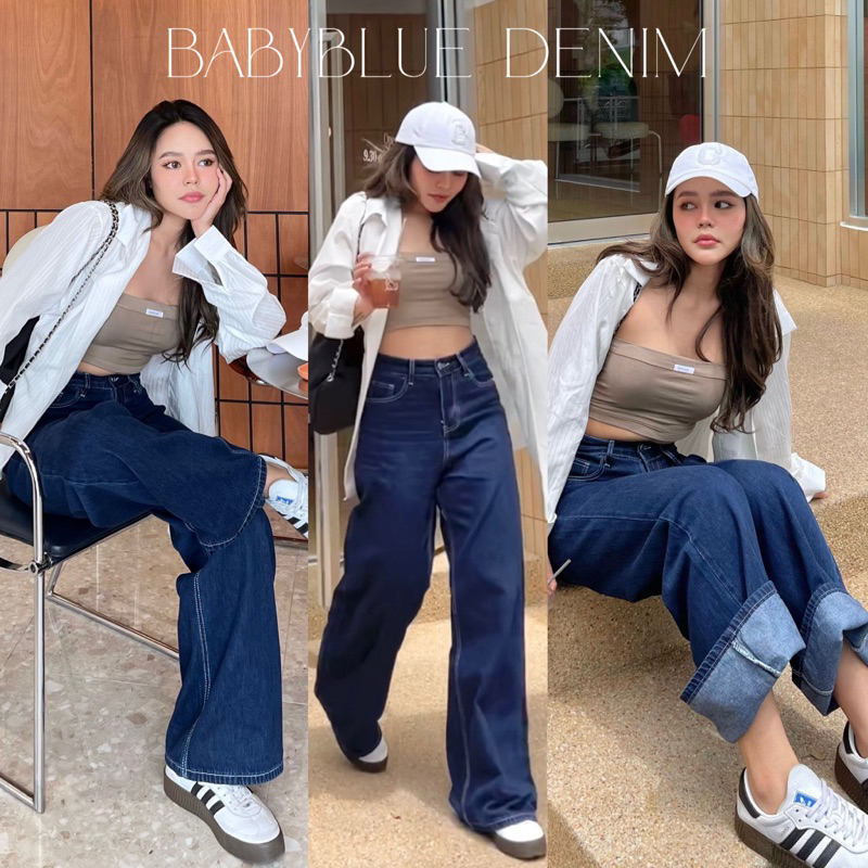 Baby blue denim jeansbypat ยีนส์สีน้ำเงินเข้มขายาวกระบอกใหญ่ พร้อมส่ง