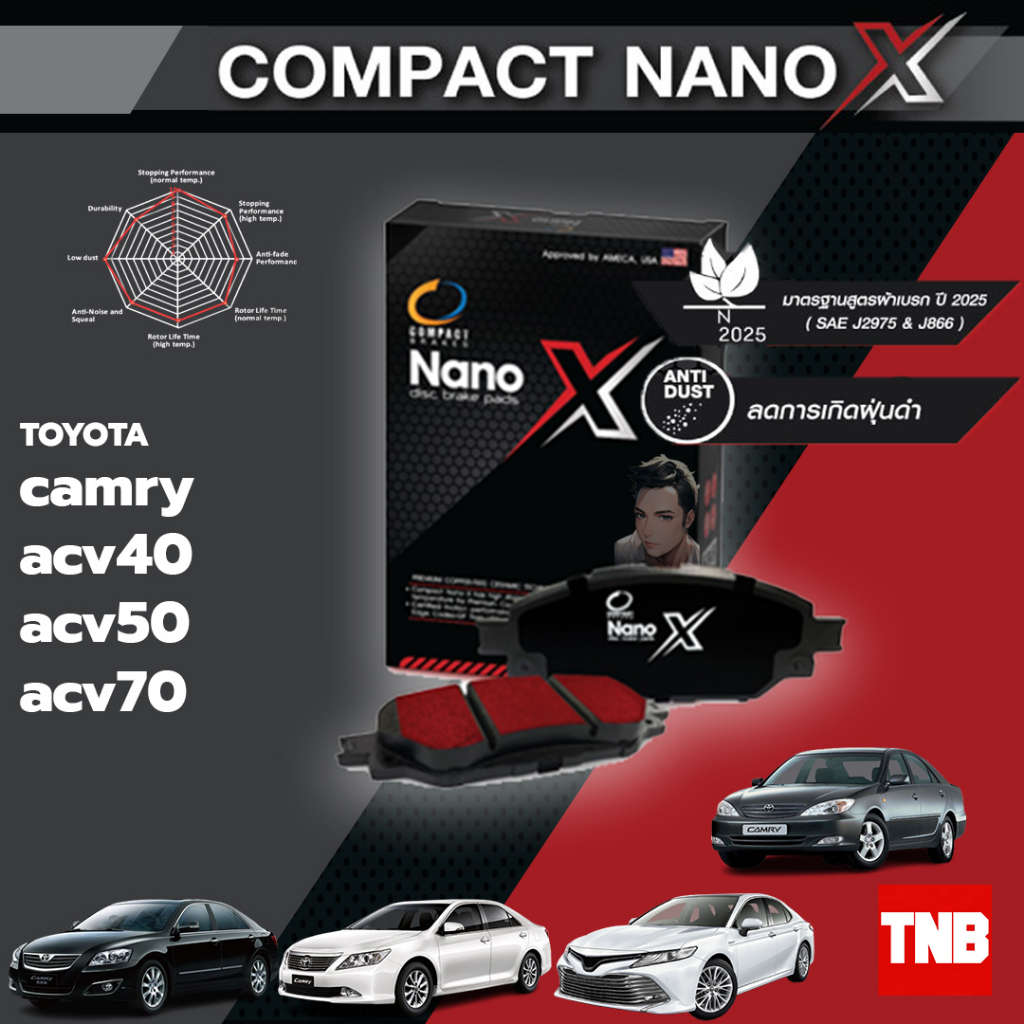 Compact Nano X ผ้าเบรค (หน้า-หลัง) Toyota Camry ACV30 ACV40 ACV50 XV70 โตโยต้า คัมรี่
