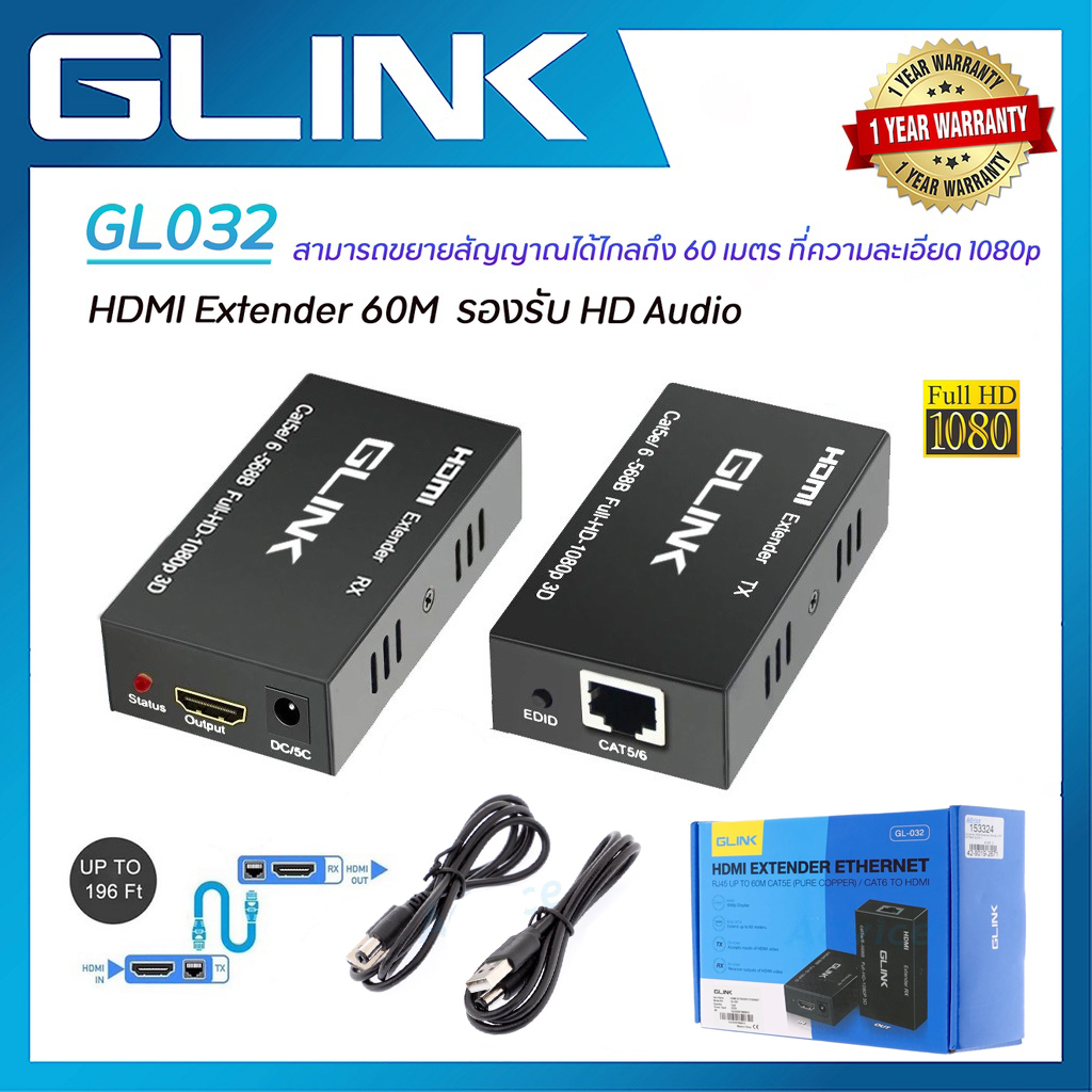 Glink HDMI Extender Cat5e/Cat6e 60M GL-032 อุปกรณ์ขยายสัญญาณ ประกันศูนย์ 1ปี