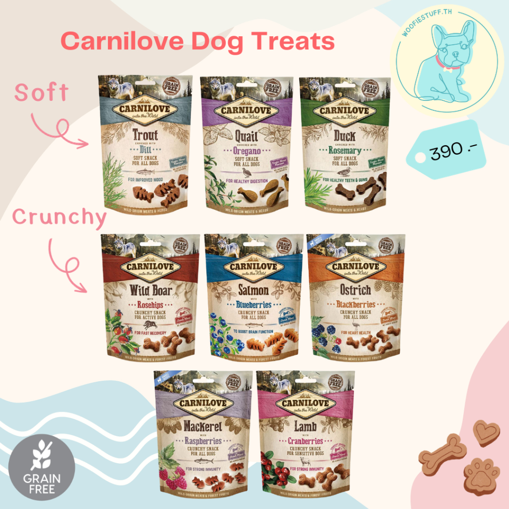 ขนมสุนัข Carnilove มี 8 สูตร แบบนิ่มและแบบกรอบ ขนาด 200 กรัม