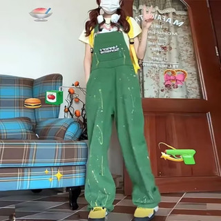 พร้อมส่ง Jean Denim เอี๊ยมยีนสีเขียวขากว้าง ทรงหลวม สีเขียว …