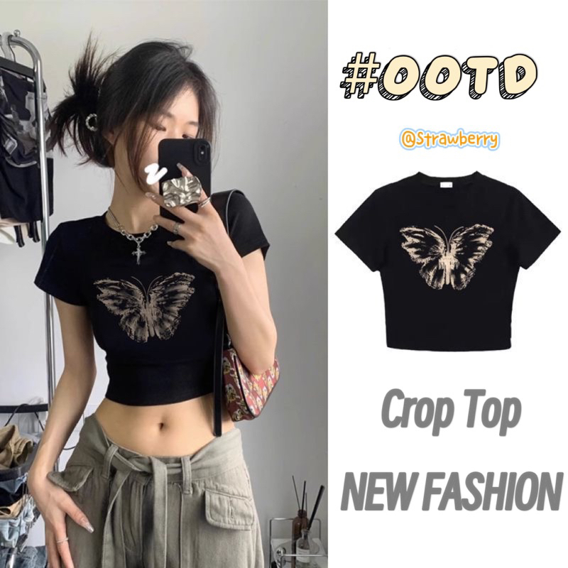 STR พร้อมส่ง เสื้อยืดทรงครอป คอกลม แขนสั้น ผ้าคอตตอน พิมพ์ผีเสื้อสีดํา เซ็กซี่เบาๆ สำหรับผู้หญิง