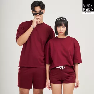 YuenPuen เสื้อยืด Oversize สีเลือดหมู ยืนพื้น ไม่ยืด ไม่ย้วย เสื้อสีพื้น เสื้อโอเวอร์ไซส์