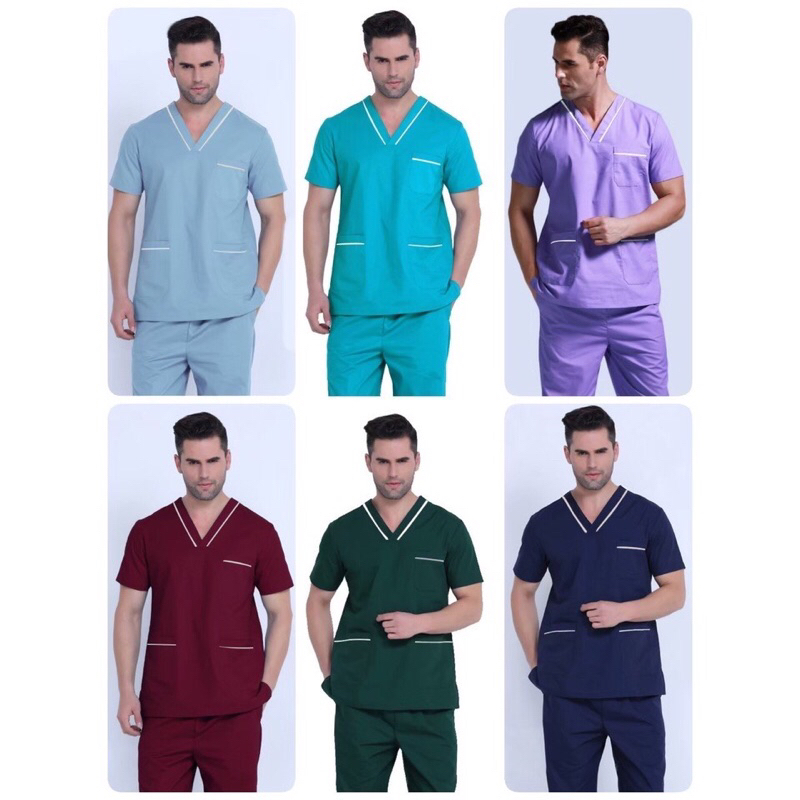 ชุดสครับ ( เสื้อ และ กางเกง ) คอวี ขลิบสีขาวที่คอและกระเป๋าทุกใบ ทรงตรง