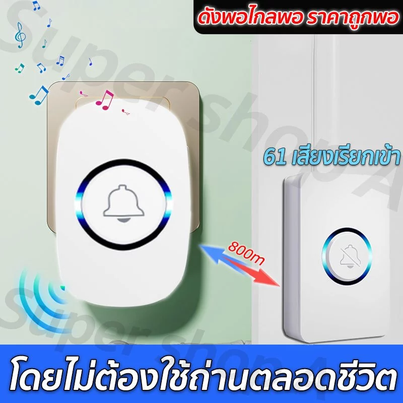 BCSONGBEN กริ่งไร้สาย 1ปุ่ม+1กระดิ้ง ระยะการทำงาน 500เมตร กันน้ำกันฝุ่น 60เสียงเรียกเข้า คุณภาพเสียงคมชัดติดตั้งง่าย ไม่