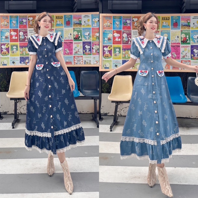 (อกเล็ก1นิ้วเพิ่มไซส์) เดรสยีนส์ คอปก ลายหมี น่ารักสุดๆ งานป้าย bo rich ta