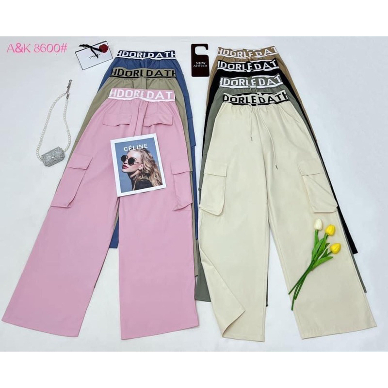 กางเกงผ้าร่มแต่งขอบเอว ป้ายA&k รหัส 8600 FreeSize พร้อมส่ง