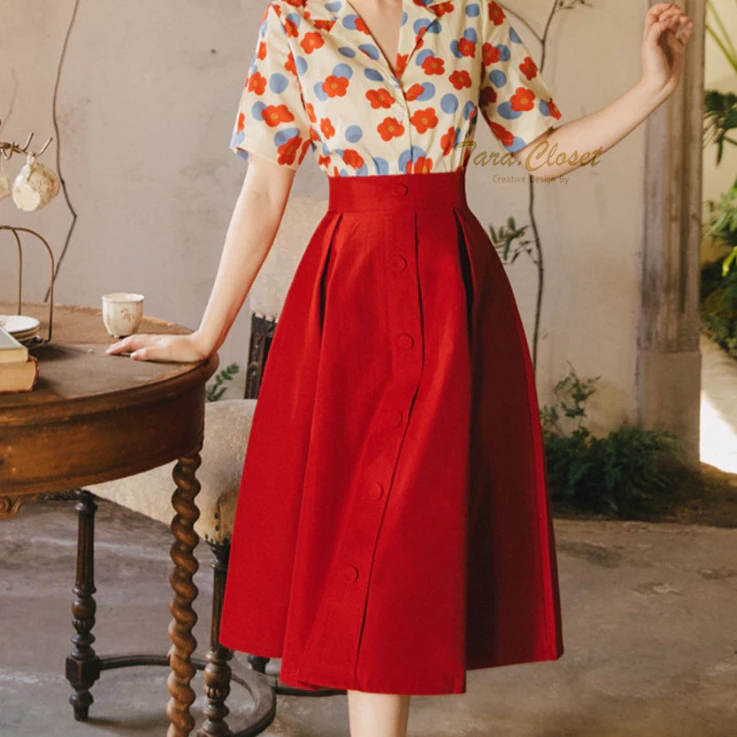 Z034 TARA Skirt กระโปรงยาว จับจีบทวิส เอวสม็อก ดีเทลแต่งกระดุมหน้า ดีไซร์เก๋ งานวินเทจ เนื้อผ้าซาร่า ผ้าสวย ใส่สบาย