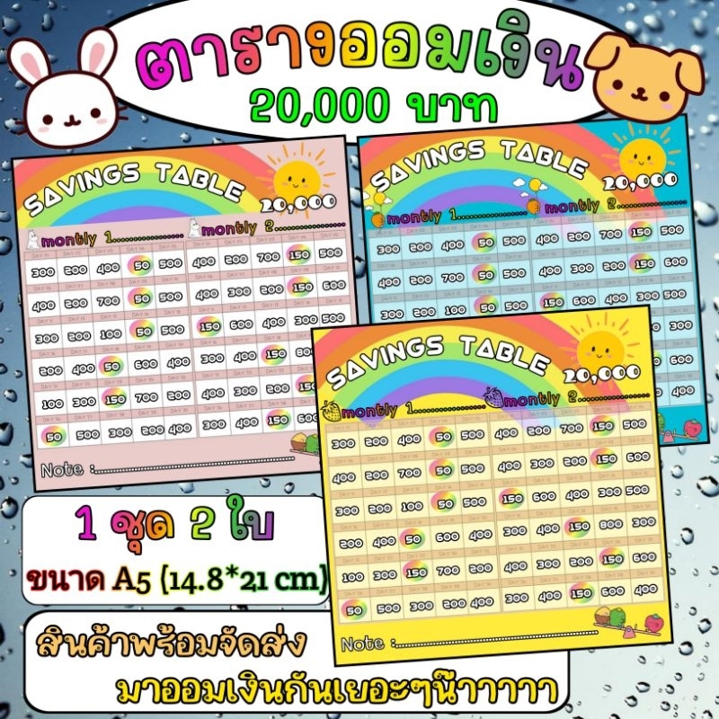 ส่งไว!! ตารางออมเงิน 20,000 บาท ขนาด A5 จำนวน 2 ใบ