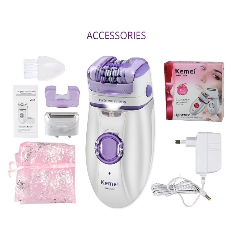 Kemei KM-2668 KM2668 เครื่องกำจัดขน 2 in 1 โกน+ถอน ในเครื่องเดียว เครื่องกำจัดขนไฟฟ้า ไร้สาย