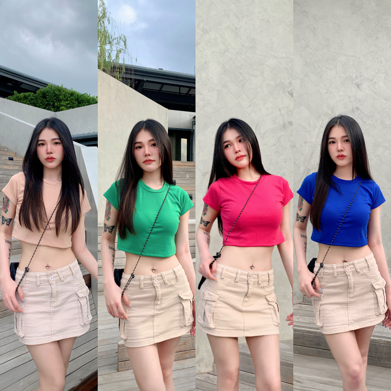 🌈SpinnyHouse🌈เสื้อครอป คอกลมแขนสั้น ผ้าร่องยืดเยอะ 🍋 แต่งสไตล์ y2k ใส่เที่ยว ตัวเดียวคือได้ทุกลุค รุ่น คอกลม45