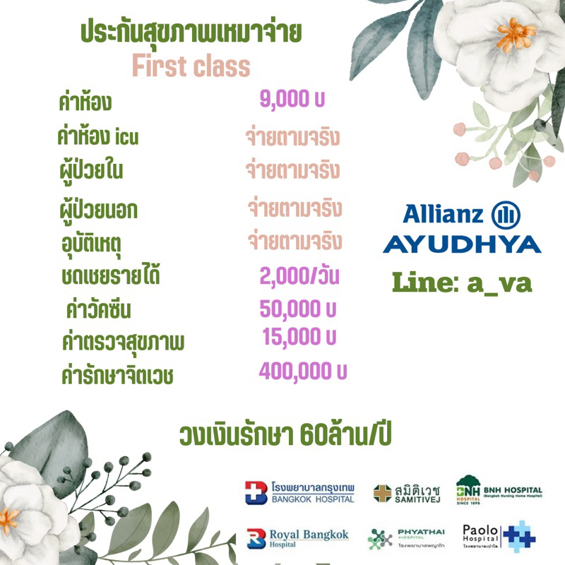 ประกันสุขภาพเหมาจ่าย First class รักษาโรงพยาบาลในเครือBDMS