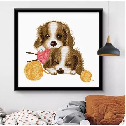 D889 Dogs with wool ขนาด:34 x 29 cm. ไอแอมครอสติช ชุดอุปกรณ์ปักครอสติชแบบพิมพ์ลายบนผ้า 11ct ครบชุด