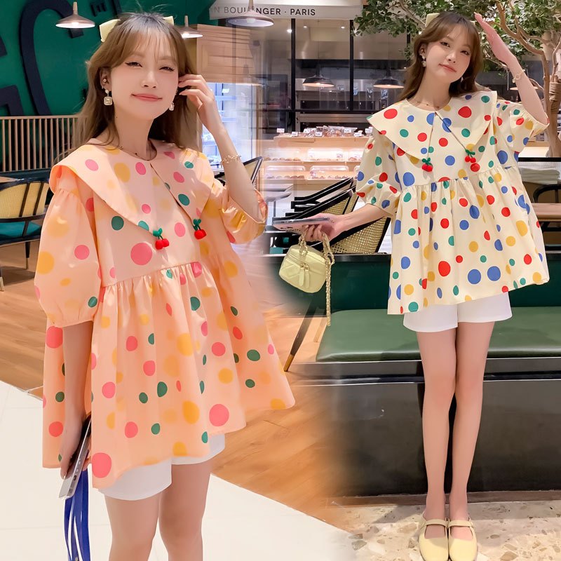 เสื้อคลุมท้อง คอตุ๊กตา ลายจุด สีหวาน สําหรับผู้หญิงตั้งครรภ์(พร้อมส่งจากไทย)