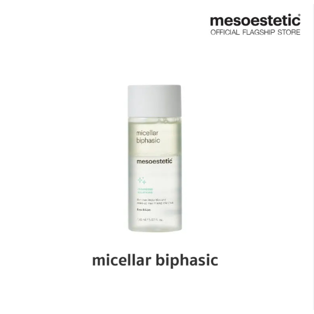 mesoestetic micellar biphasic 150 ml - ผลิตภัณฑ์เช็ดทำความสะอาดเครื่องสำอางที่ล้างออกยาก หรือกันน้ำ อ่อนโยน