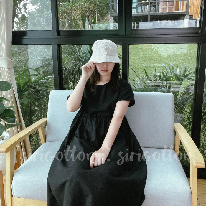 empire waist dress : เดรสผ้าฝ้ายฟอกนุ่ม เชือกผูกปรับเข้ารูป มีกระเป๋าล้วง (สามารถใส่คลุมท้องได้)