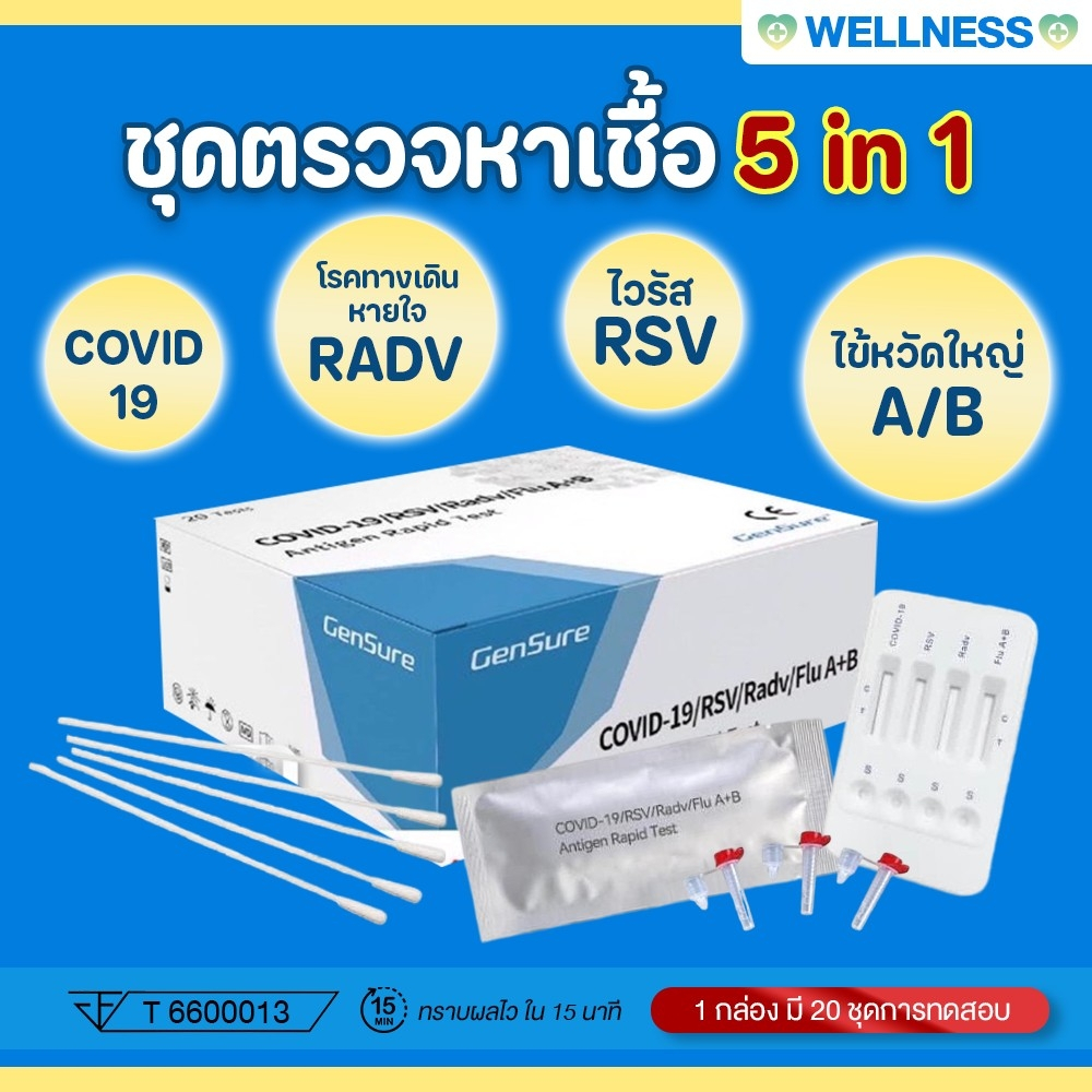 🦠 ชุดตรวจหาการติดเชื้อไวรัส 5 in 1🦠Covid-19 / RSV / Radv / Flu A+B Antigen Rapid test  (1 กล่อง 20 ชุดทดสอบ) มีอย💯