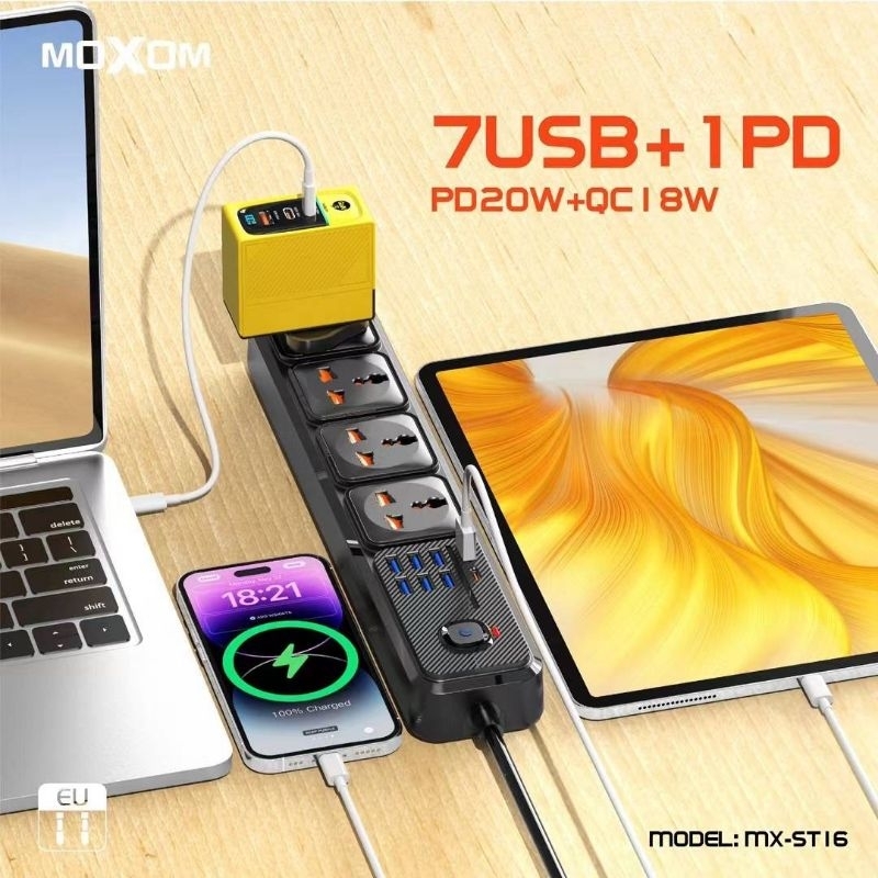 MOXOM MX-ST16 12 in 1 4 Socket 7USB+1PD 2500W.(EU)