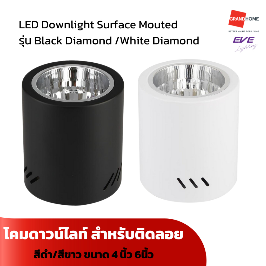GRANDHOMEMART โคมไฟดาวน์ไลท์ ติดลอย EVE ลายเพชร ทรงกลม 4นิ้ว 6นิ้ว สีดำ สีขาว