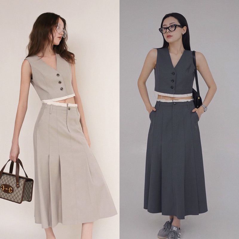 Mute - Shasha set ชุดเซ็ต2ชิ้น เสื้อกั๊ก+กระโปรงยาวจับพลีทรอบตัว ชุดเซ็ตเบสิค