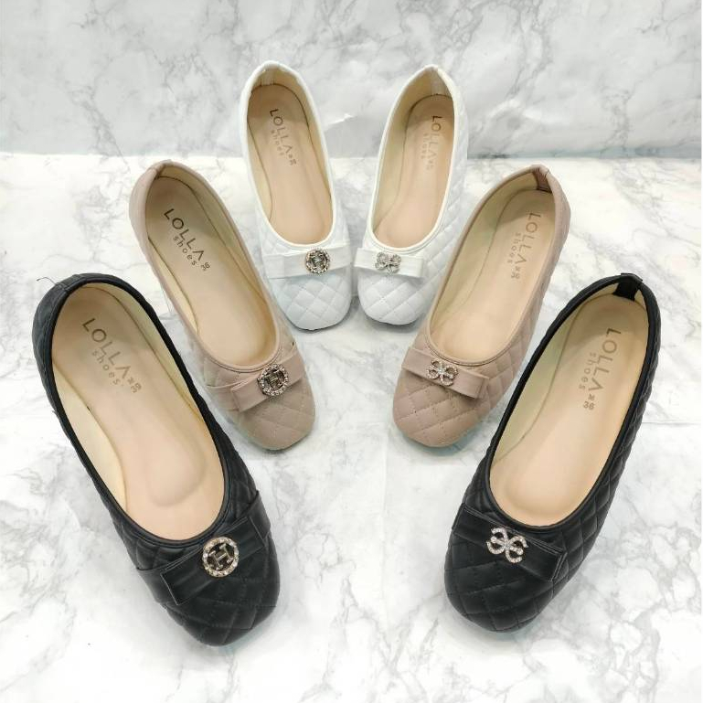 SS888:คัชชูลายตารางหน้าโบว์อะไหล่เพชร