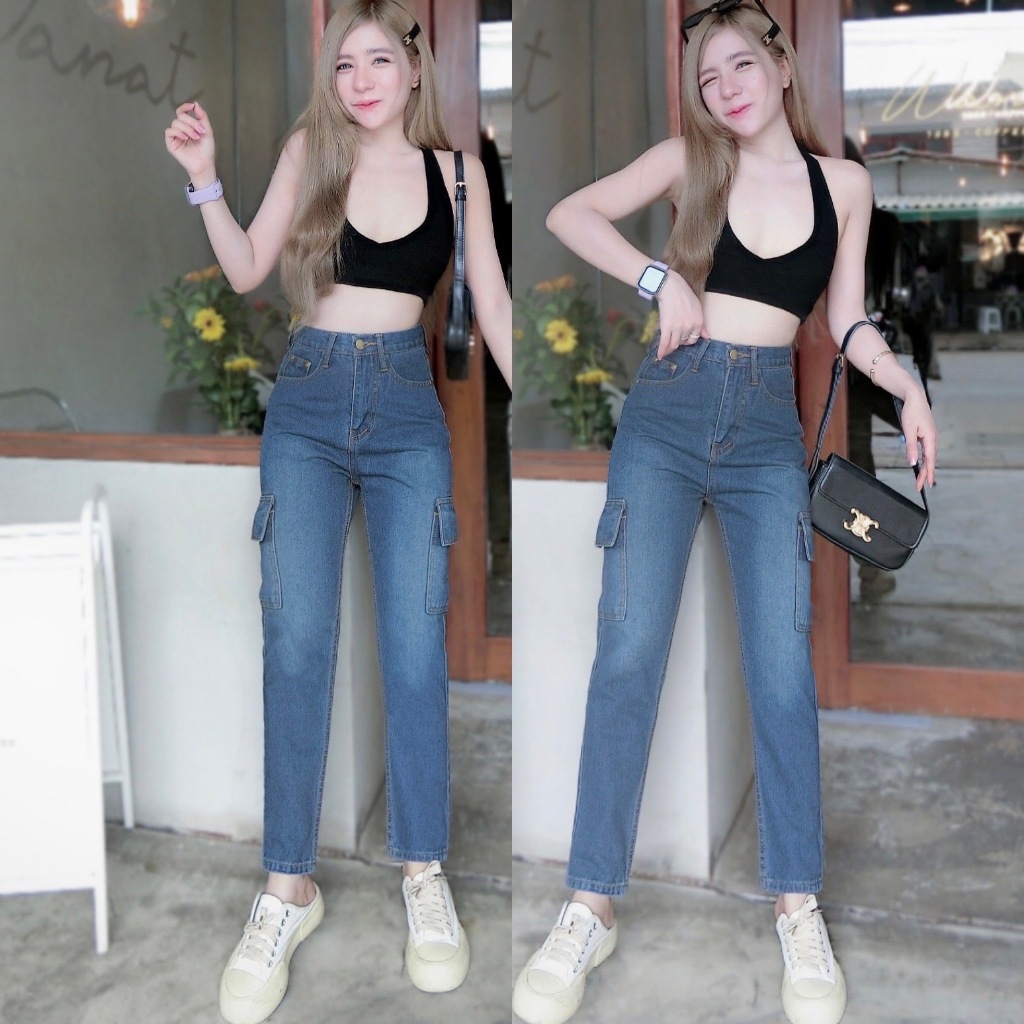 กางเกงยีนส์ผู้หญิง no.180 S-5XL ทรงบอยคาร์โก้ เอวสูง สียีนส์ฟอกสนิมด่าง