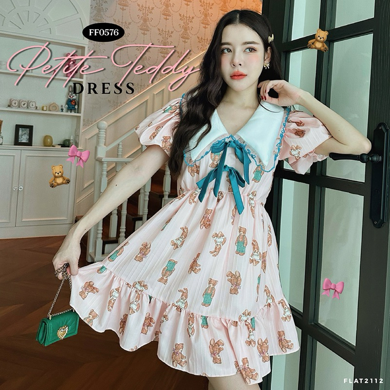 FLAT2112 FF0576 : PETITE TEDDY DRESS มินิเดรสลายหมีเท็ดดี้ เดรสสั้นน่ารัก
