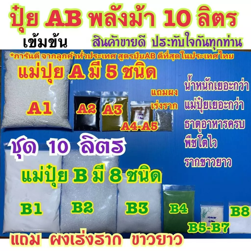 ปุ๋ย AB ชุด10 ลิตร สูตรพลังม้าเข้มข้น สำหรับผักไฮโดรโปนิกส์ ทั้งน้ำวน และน้ำนิ่ง และฉีดพ่นทางใบพืชทุกชนิด แถมผงเร่งราก