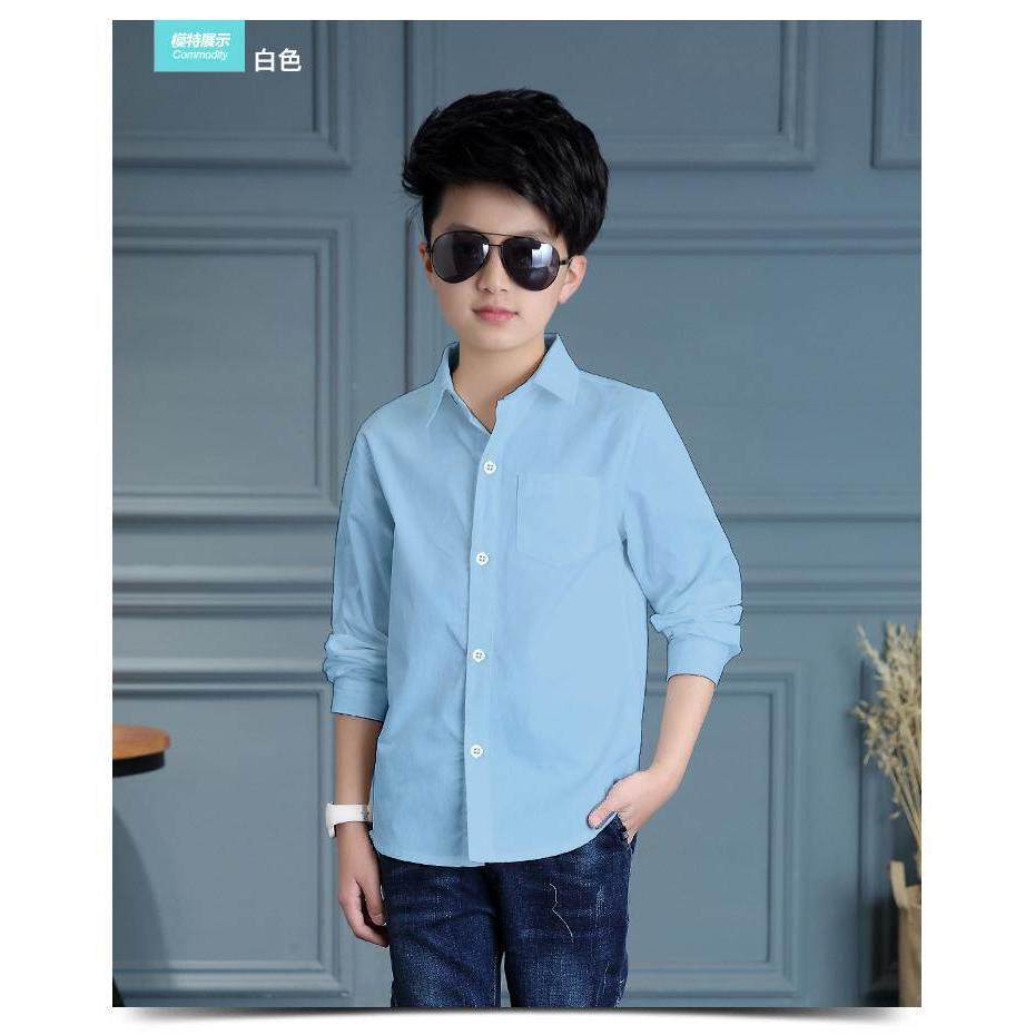 พร้อมส่ง [แถมโบว์หูกระต่าย ฟรี!] เสื้อเชิ้ตเด็กสีฟ้าอ่อน แขนยาว ใส่ออกงานได้ BO0667