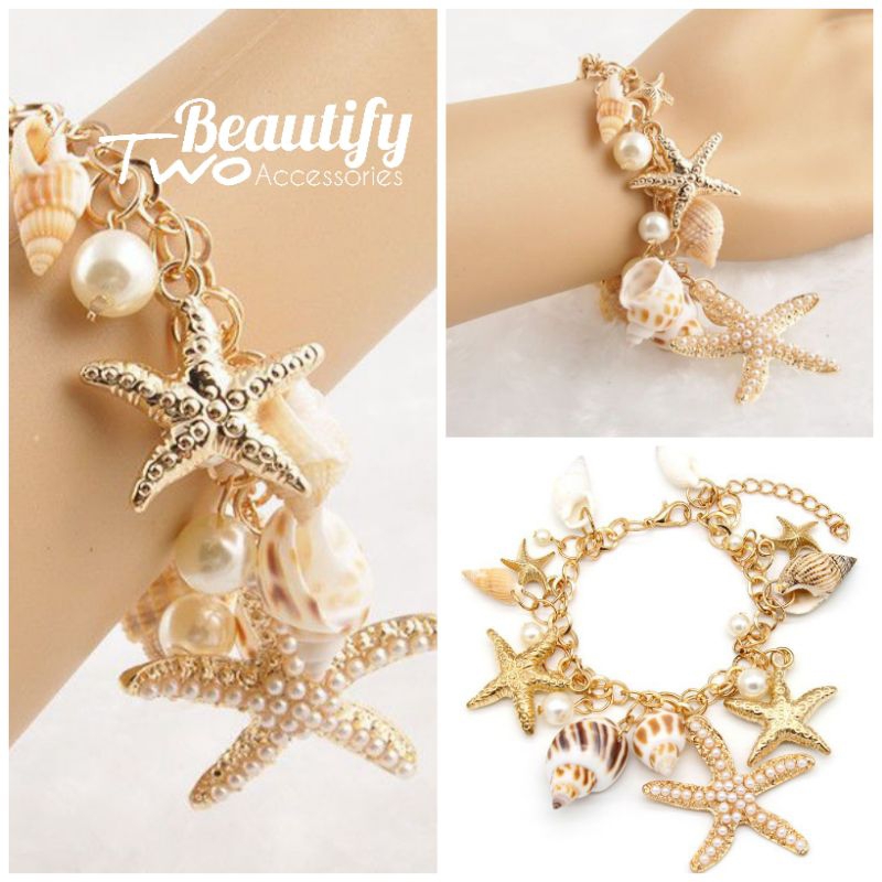 สร้อยข้อมือจี้ปลาดาวสีทองไข่มุกและเปลือกหอยเสน่ห์แห่งท้องทะเล
