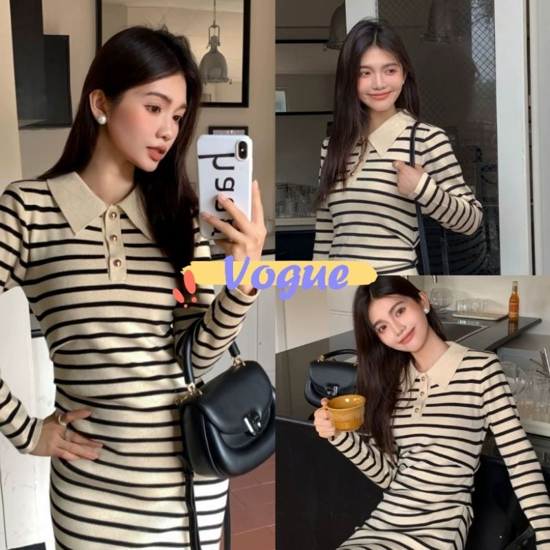 Vogue พร้อมส่ง ชุดเดรสไหมพรมคอปกแขนยาว ดีเทลายทางยืดกำลังดี (M0133-1) -C