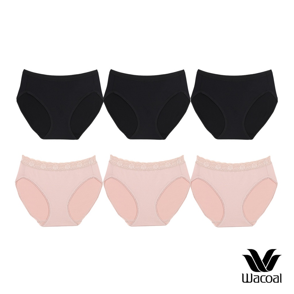 Wacoal Surprise Panty กางเกงในใส่สบายวาโก้ รูปแบบ Bikini ขอบลูกไม้ เซ็ท 6 ชิ้น รุ่น WU1C35/WU1T35 สีเบจ-ดำ (BB-BC)