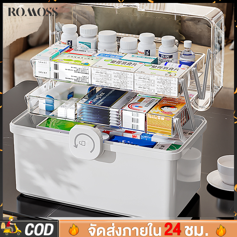 ROMOSS กล่องยา กล่องยาสามัญประจำบ้าน การออกแบบที่จับถือ ฝาครอบโปรงใส ส่งจากกรุงเทพ